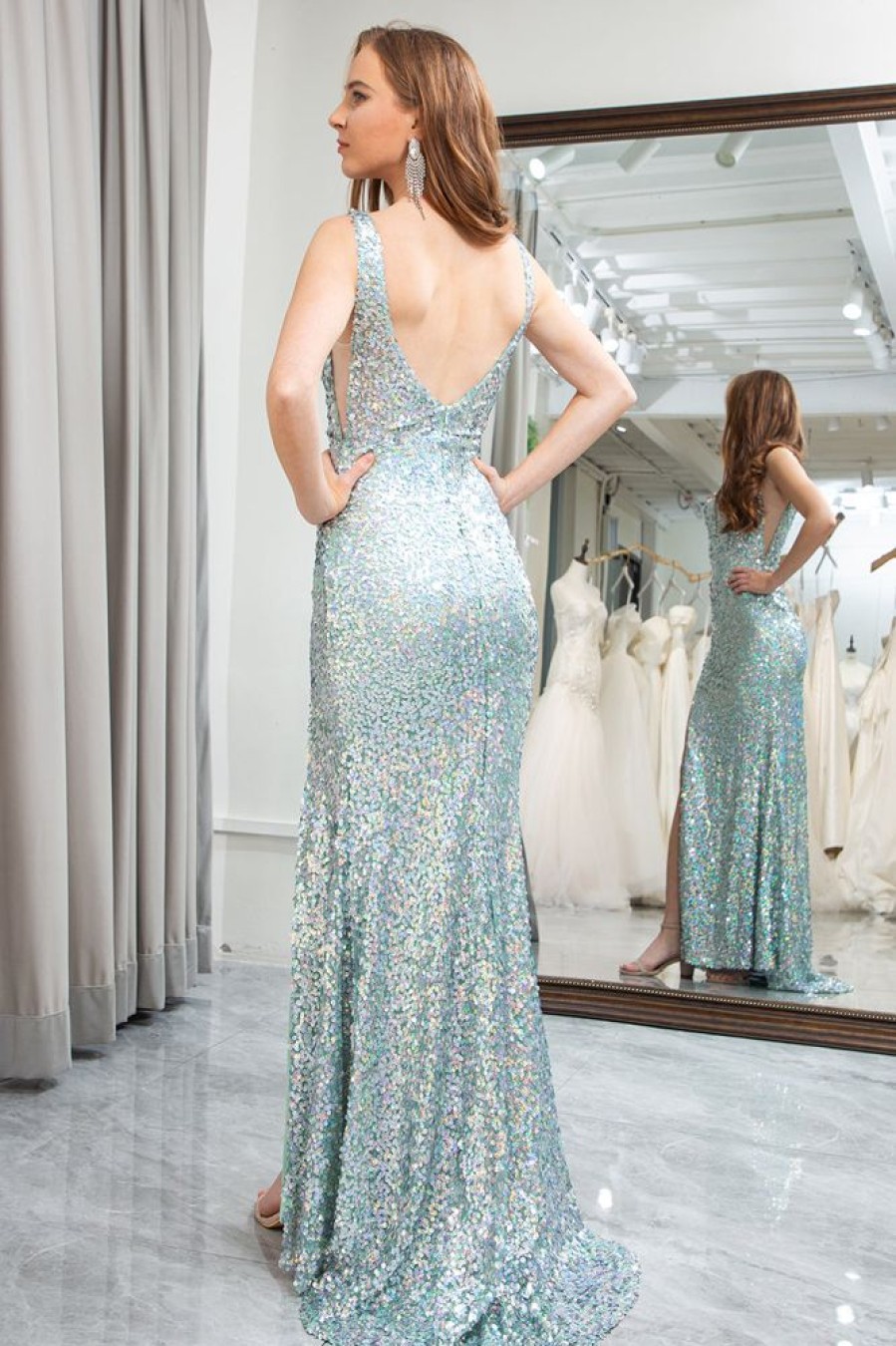 Homrain Sparkly Sequins Mermaid Backless Long Prom Dress With Slit | Green Prom Dresses