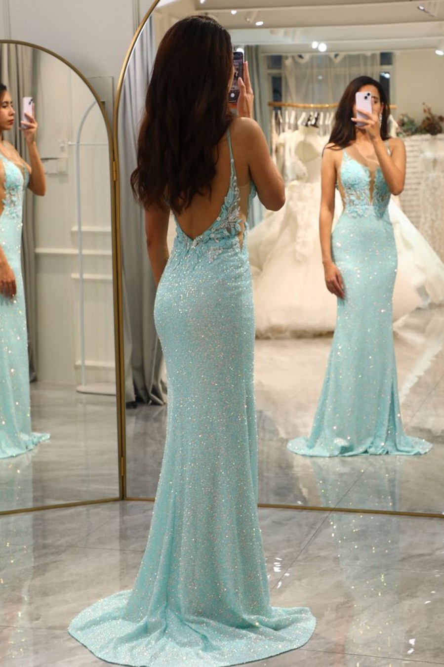 Homrain Glitter Mermaid Long Prom Dress With Appliques | Green Prom Dresses