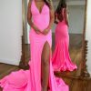 Homrain Sparkly Hot Pink Beaded Mermaid Long Prom Dress With Slit | Hot Pink Prom Dresses