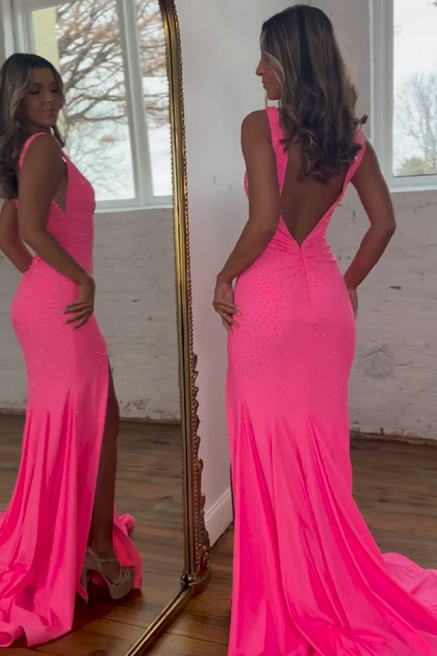 Homrain Sparkly Hot Pink Beaded Mermaid Long Prom Dress With Slit | Hot Pink Prom Dresses