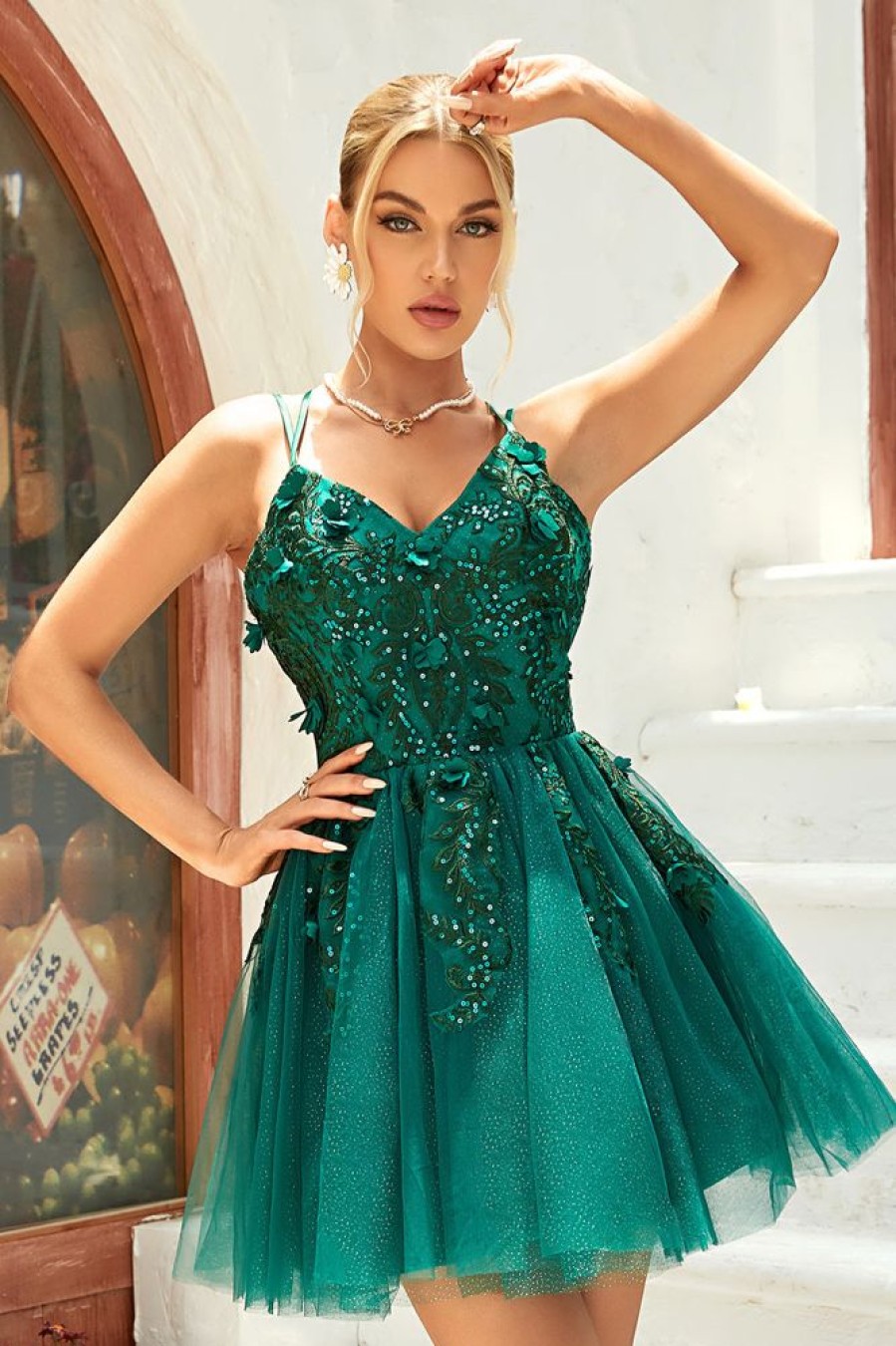 Homrain A Line Spaghetti Straps Short Homecoming Dress With Appliques Beading | Green Hoco Dresses