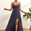 Homrain Ruched Long Chiffon Bridesmaid Dress With Slit | Bridesmaid Dress Under 100