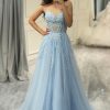 Homrain A Line Tulle Long Corset Appliqued Prom Dress | Blue Prom Dresses