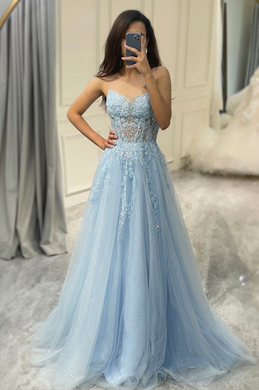 Homrain A Line Tulle Long Corset Appliqued Prom Dress | Blue Prom Dresses