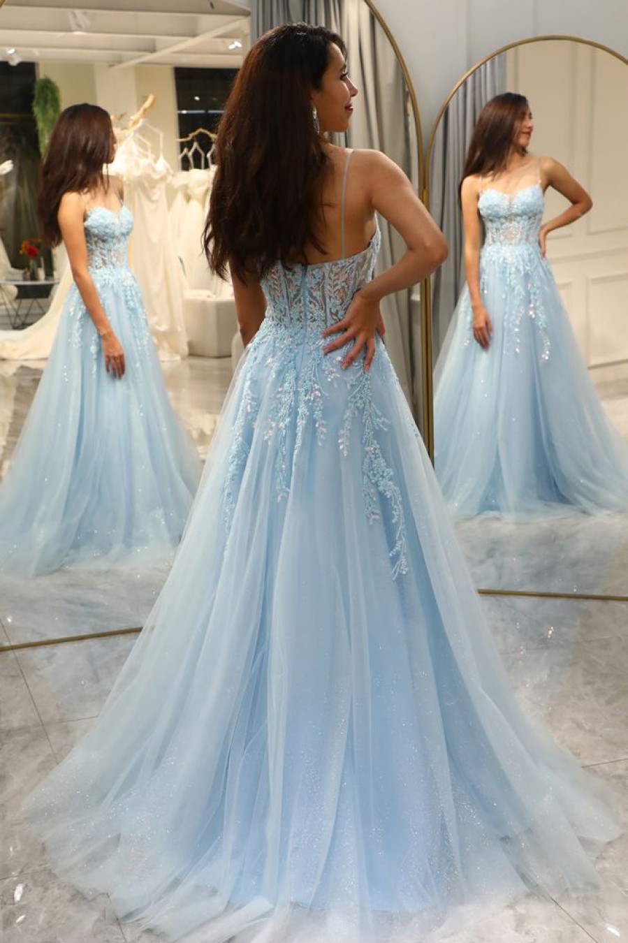 Homrain A Line Tulle Long Corset Appliqued Prom Dress | Blue Prom Dresses