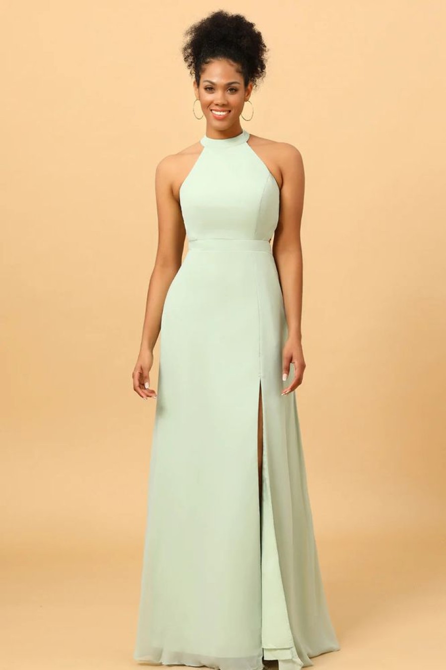 Homrain A Line Halter Long Bridesmaid Dress With Open Back | Wedding Guest Dresses