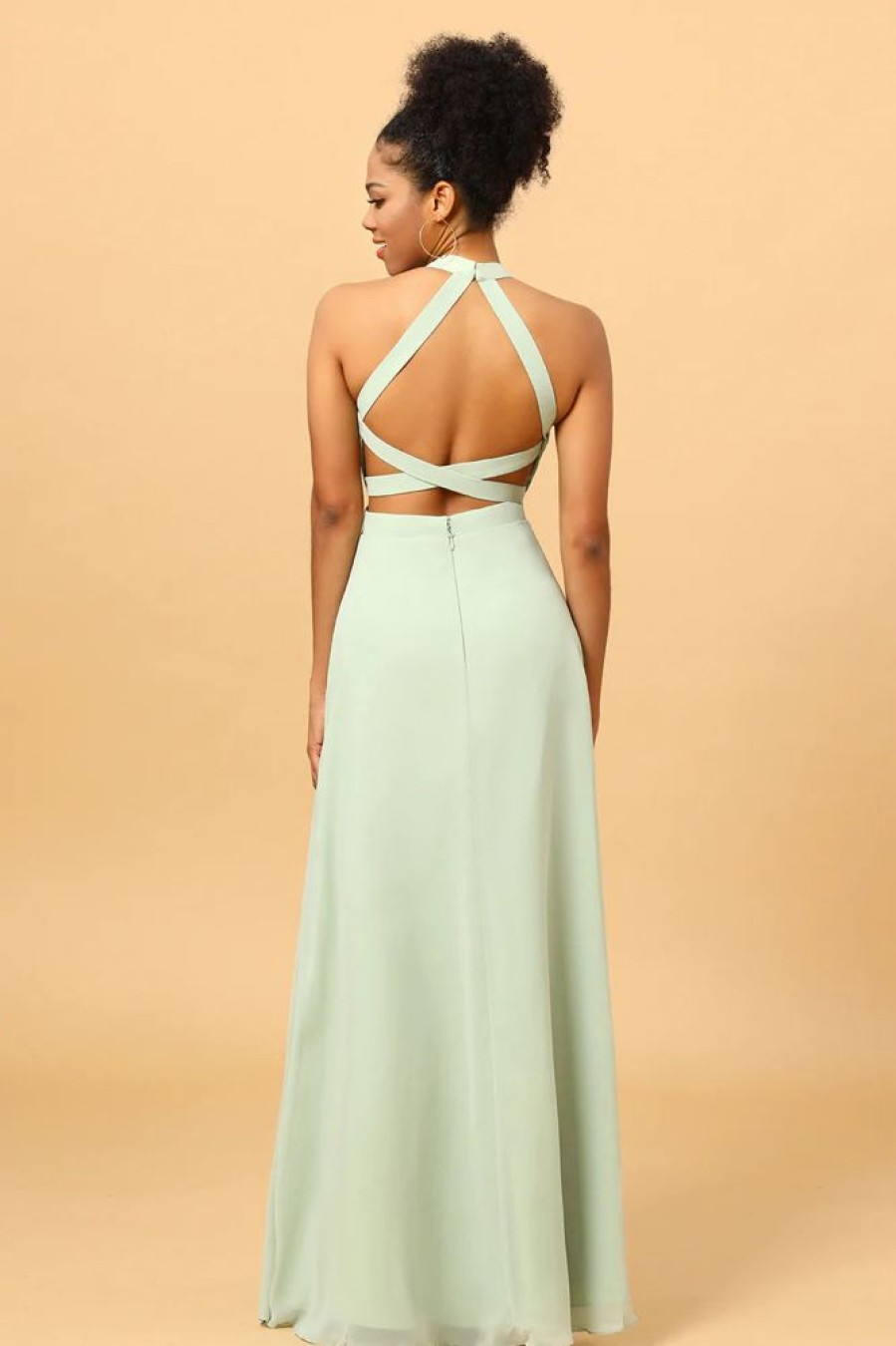 Homrain A Line Halter Long Bridesmaid Dress With Open Back | Wedding Guest Dresses