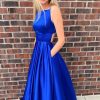 Homrain Spaghetti Straps Long Prom Dress With Pockets | Blue Prom Dresses