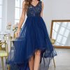 Homrain A Line High Low Prom Dress With Appliques | Blue Prom Dresses