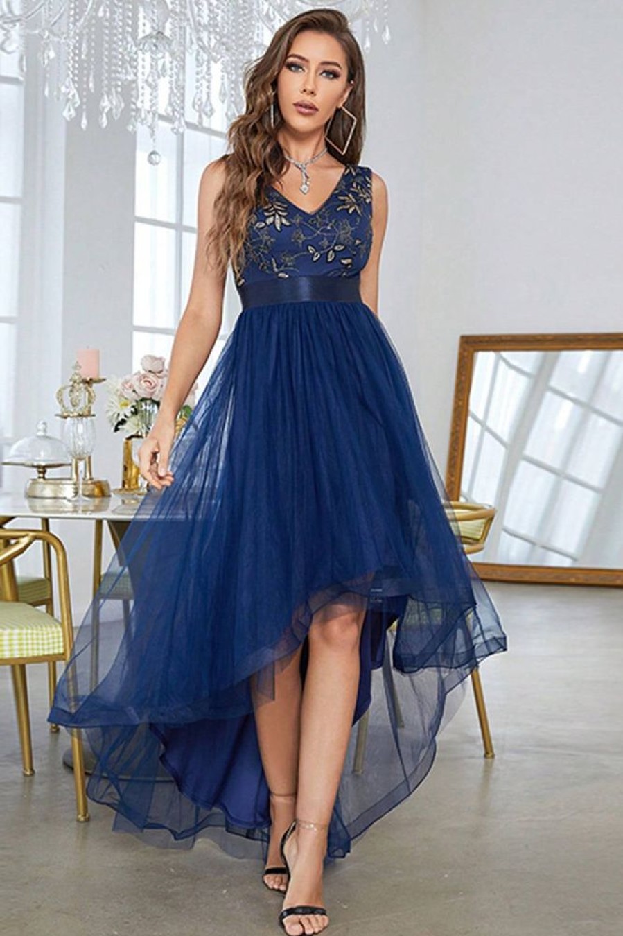 Homrain A Line High Low Prom Dress With Appliques | Blue Prom Dresses