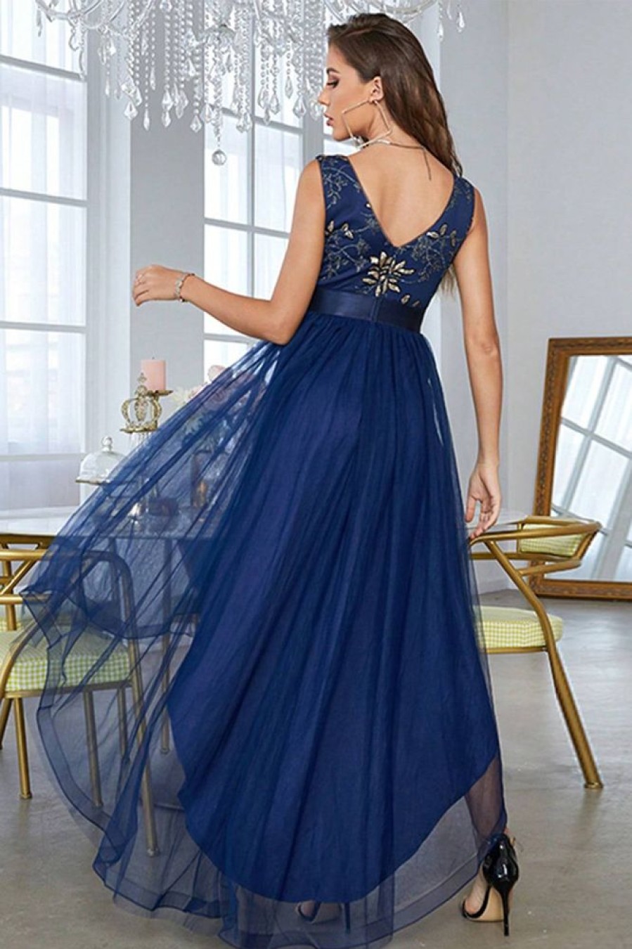 Homrain A Line High Low Prom Dress With Appliques | Blue Prom Dresses