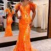 Homrain Sparkly Sequins Off The Shoulder Mermaid Long Prom Dress With Feathers | Orange Prom Dresses