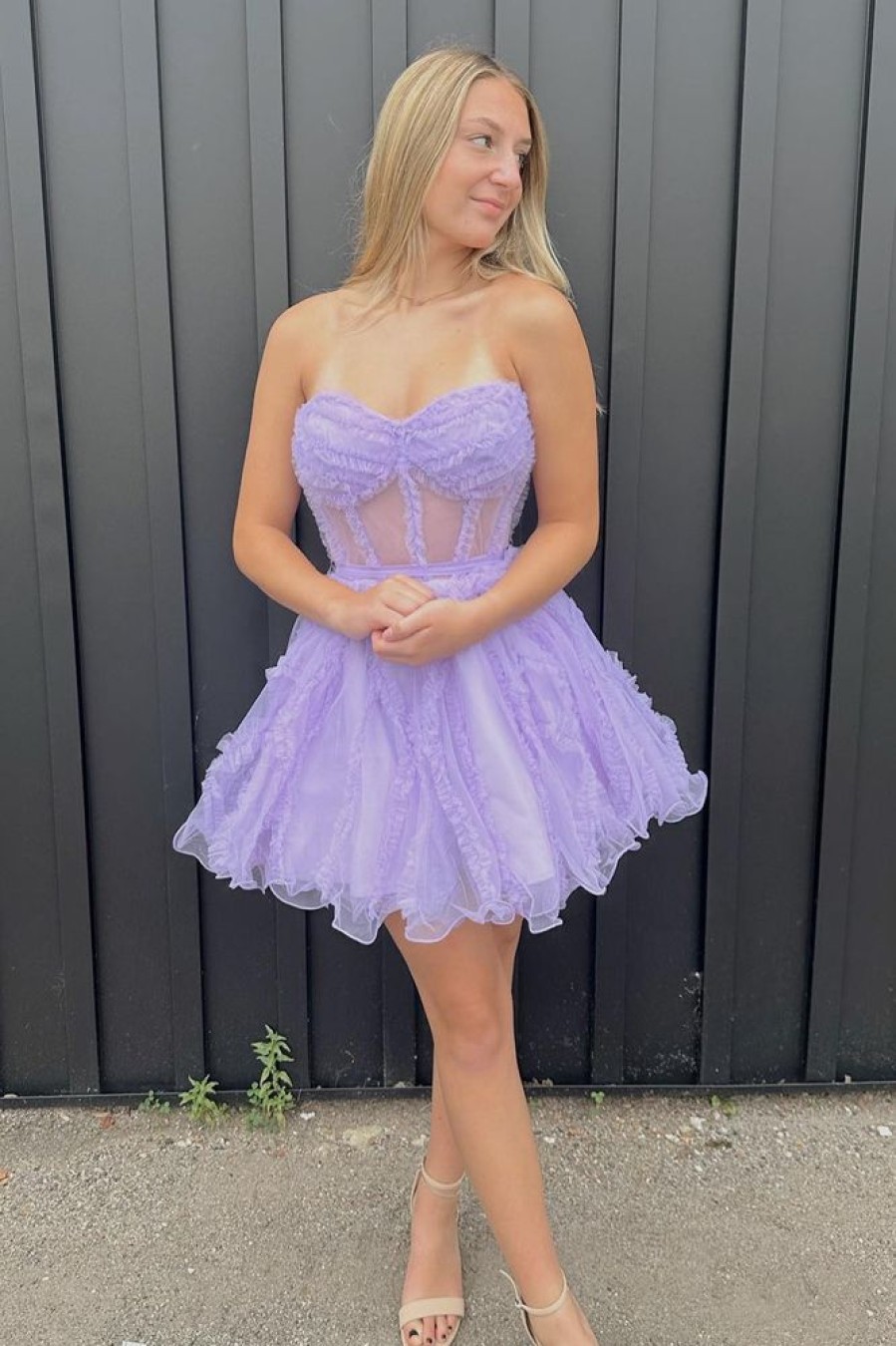 Homrain Corset Sweetheart A-Line Short Tulle Homecoming Dress | Purple Hoco Dresses