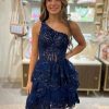 Homrain Sparkly Tie Lace One Shoulder A-Line Short Homecoming Dress | Blue Prom Dresses