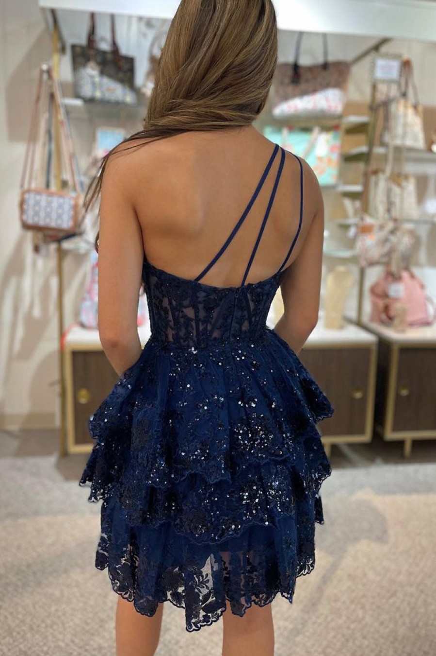 Homrain Sparkly Tie Lace One Shoulder A-Line Short Homecoming Dress | Blue Prom Dresses