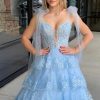 Homrain Ruffled Tiered Lace A-Line Long Prom Dress | Blue Prom Dresses