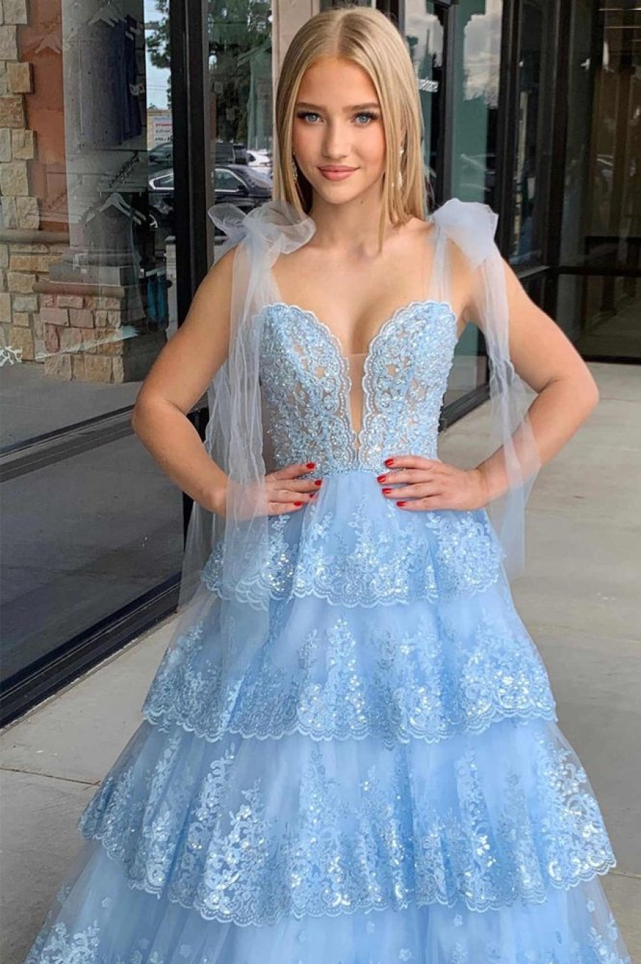 Homrain Ruffled Tiered Lace A-Line Long Prom Dress | Blue Prom Dresses