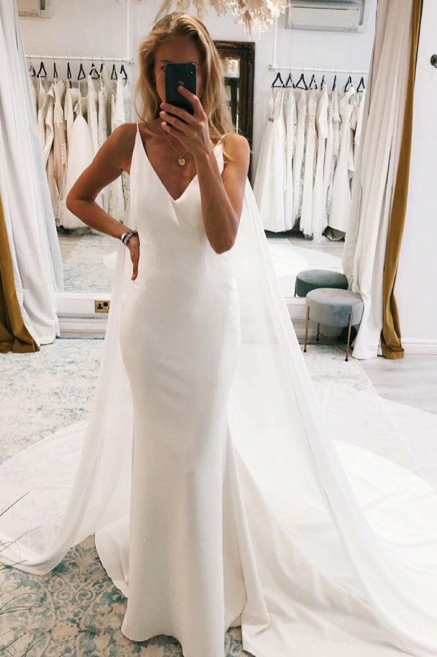 Homrain Simple White Watteau Train Boho Long Mermaid Wedding Dress | Mermaid Wedding Dresses