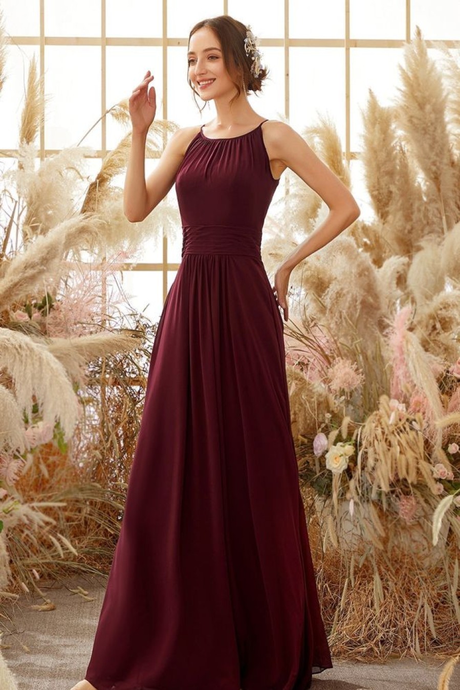 Homrain Elegant Chiffon Bridesmaid Dress | Burgundy Bridesmaid Dress