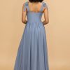 Homrain Grey Blue Spaghetti Straps Long Chiffon Bridesmaid Dress With Slit | Dusty Blue Bridesmaid Dress