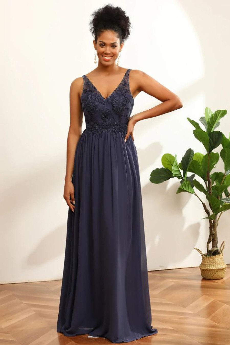 Homrain V-Neck Long Chiffon Bridesmaid Dress With Open Back | Bridesmaid Dress Under 100