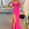 Homrain Beading Hot Pink Halter Prom Dress With Slit | Hot Pink Prom Dresses