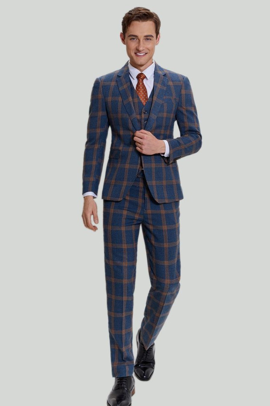 Homrain Grey Blue Men'S 3 Piece Plaid Notched Lapel Prom Suits | Wedding Suits