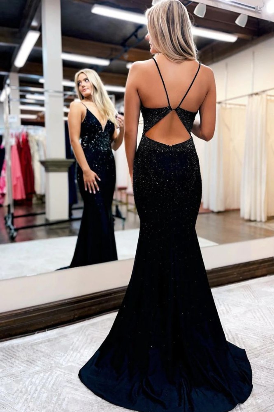 Homrain Sparkly Sequins Open Back Long Prom Dress | Black Prom Dresses