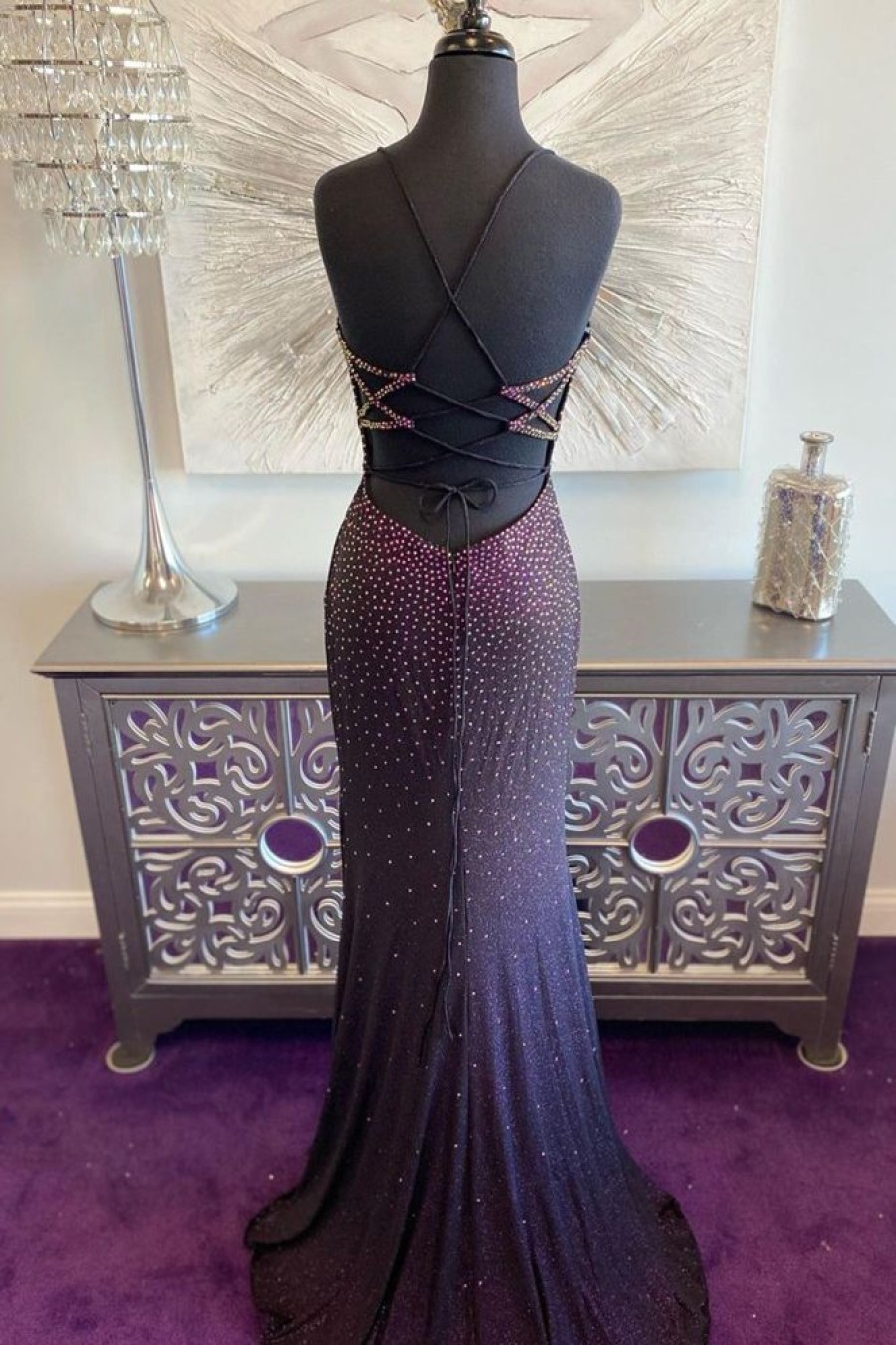 Homrain Lace-Up Back Mermaid Prom Dress With Beading | Purple Prom Dresses