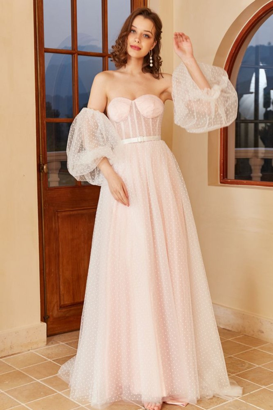 Homrain Pink Polka Dots Wedding Dress With Puff Sleeves | Simple Wedding Dresses