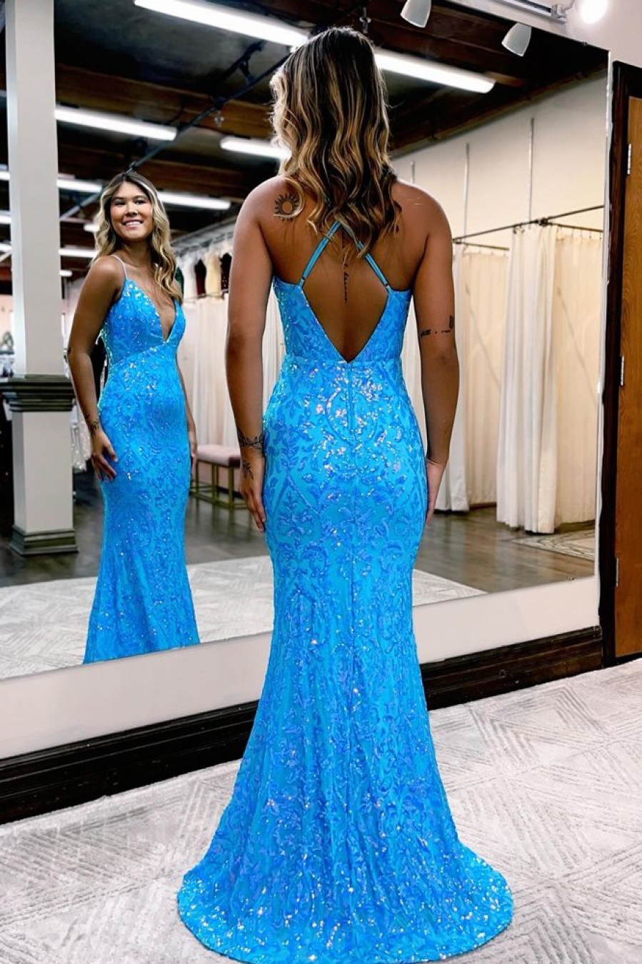 Homrain Sparkly Spaghetti Straps Sequins Backless Prom Dress | Blue Prom Dresses