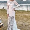 Homrain Mermaid Long Sleeves Lace Boho Wedding Dress With Sweep Train | Lace Wedding Dresses