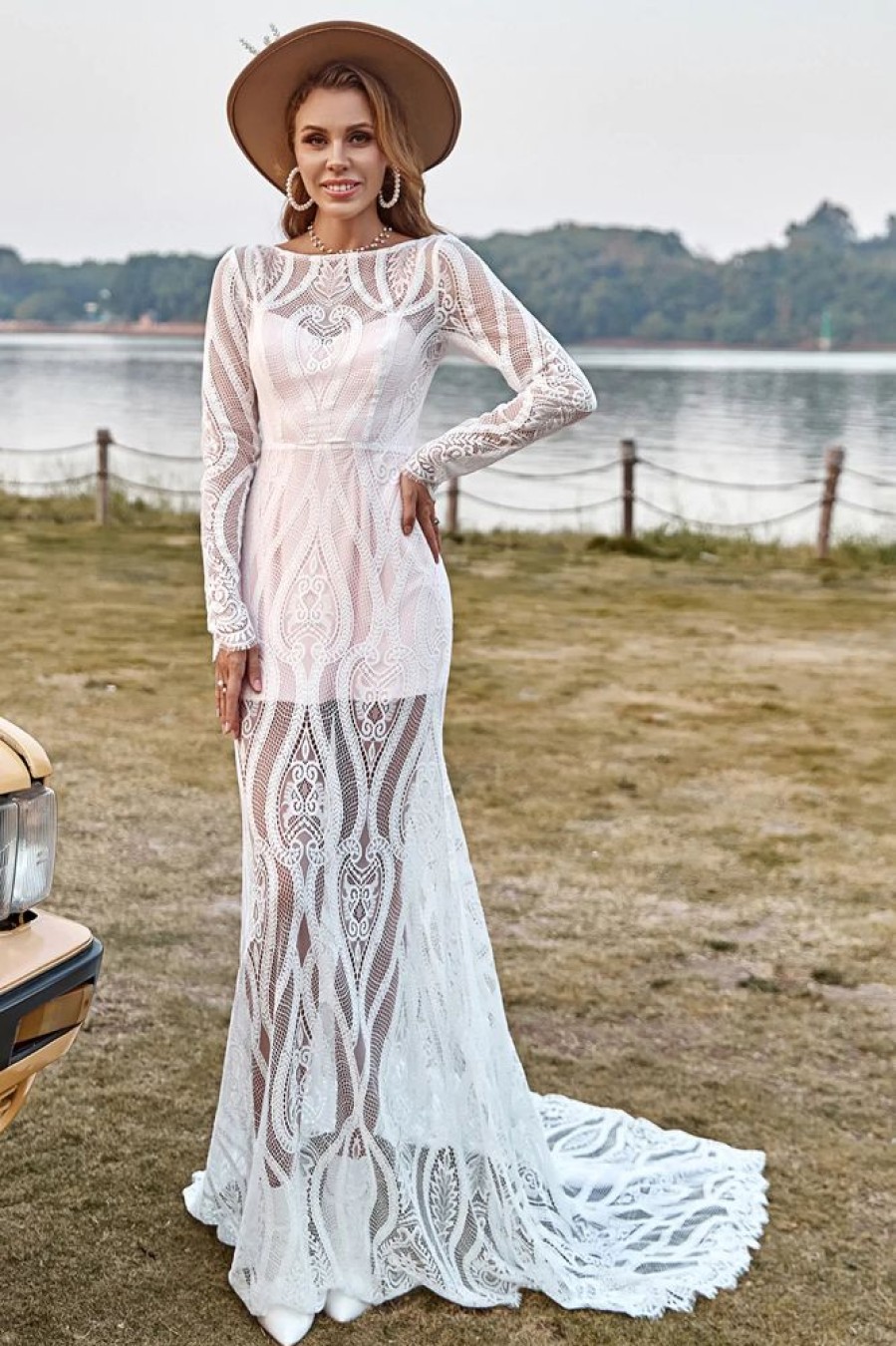 Homrain Mermaid Long Sleeves Lace Boho Wedding Dress With Sweep Train | Lace Wedding Dresses