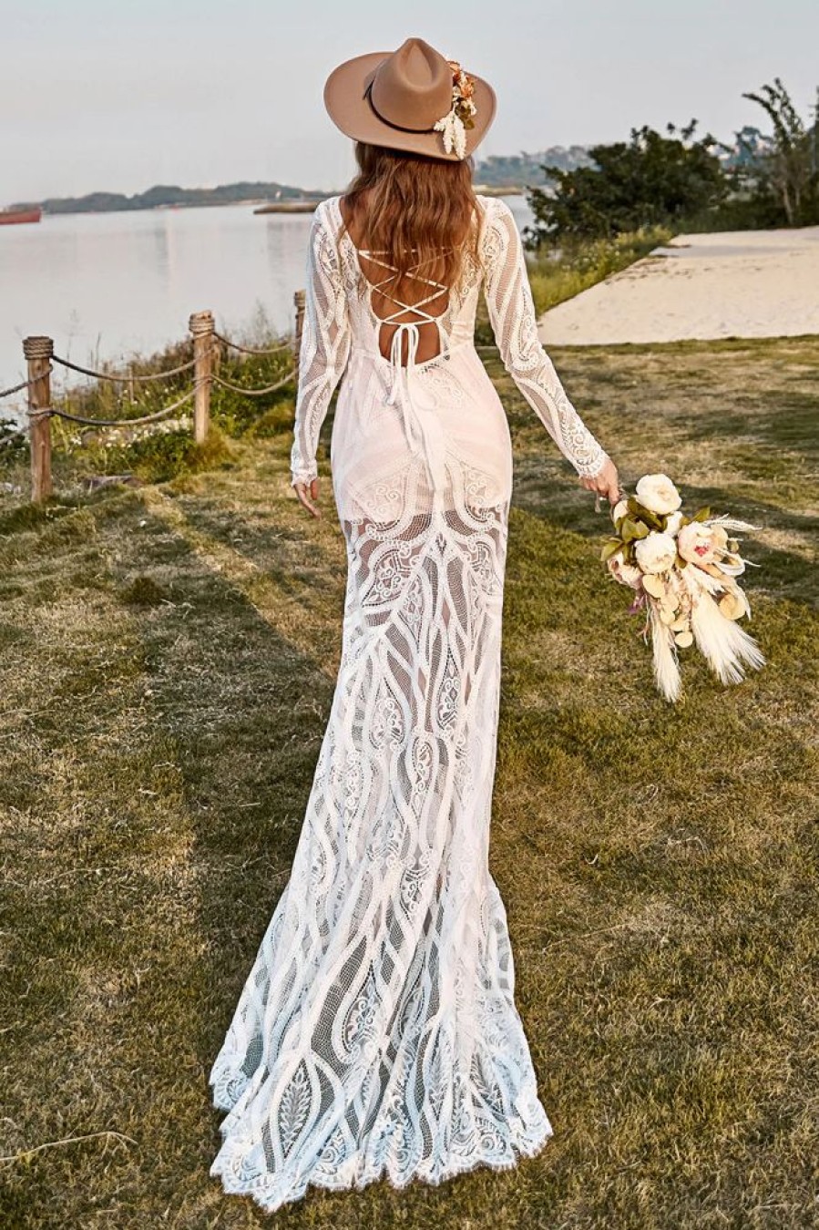 Homrain Mermaid Long Sleeves Lace Boho Wedding Dress With Sweep Train | Lace Wedding Dresses