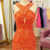 Homrain Sparkly Cross V-Neck Sequins Tight Homecoming Dress | Orange Prom Dresses