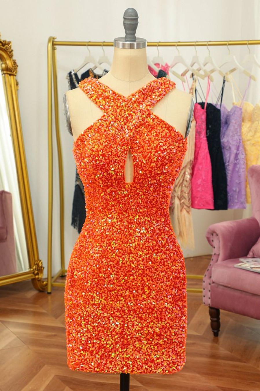 Homrain Sparkly Cross V-Neck Sequins Tight Homecoming Dress | Orange Prom Dresses