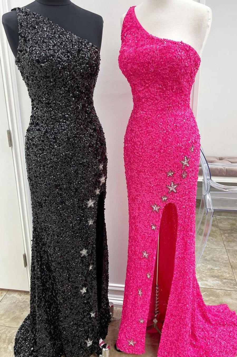 Homrain Sparkly Mermaid Stars Sequins Prom Dress | Hot Pink Prom Dresses