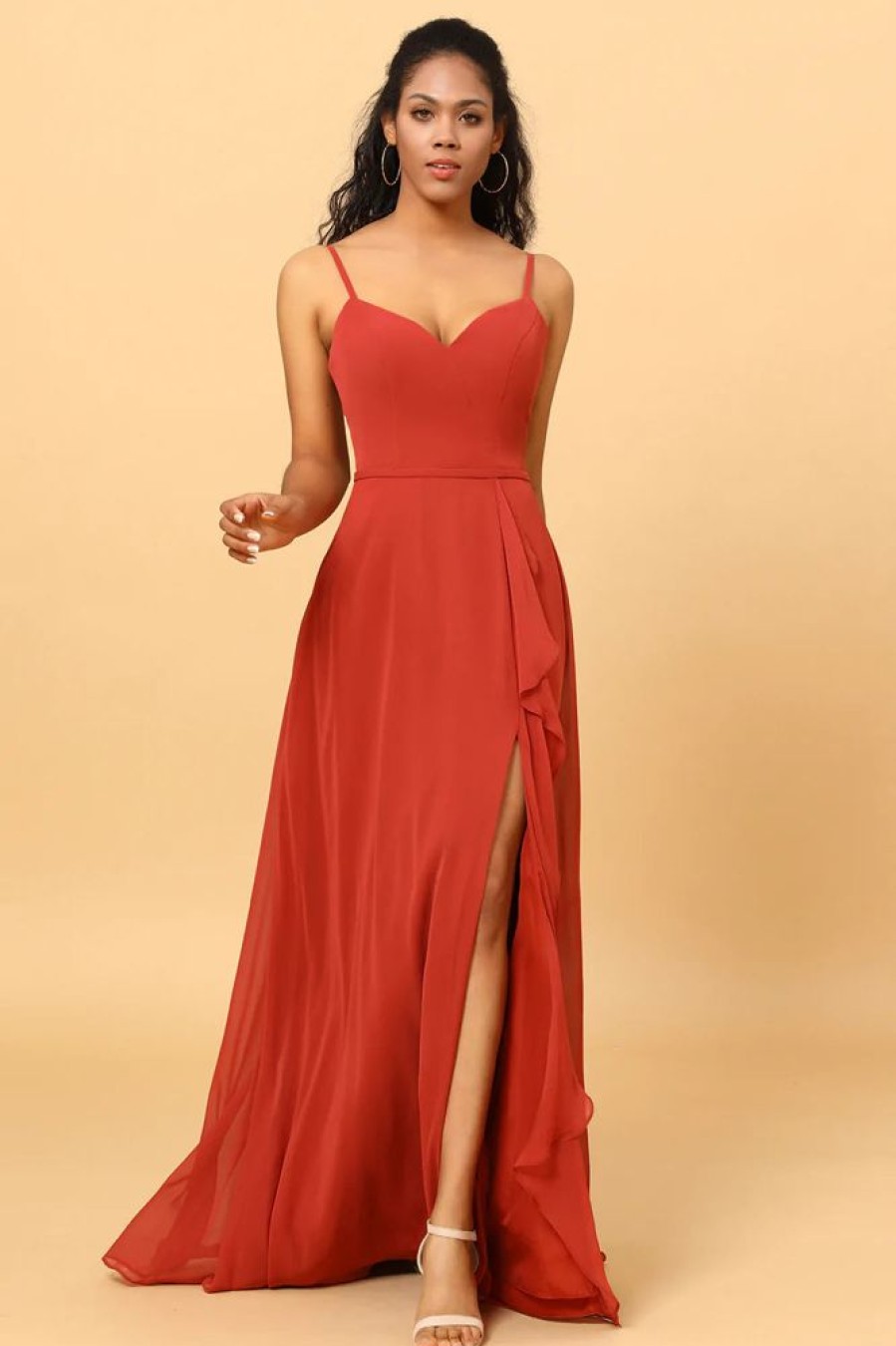 Homrain Spaghetti Straps Chiffon A-Line Bridesmaid Dress With Slit | Bridesmaid Dresses