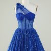 Homrain Stylish A Line One Shoulder Corset Homecoming Dress With Beaded | Blue Hoco Dresses