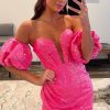 Homrain Sparkly Hot Pink Corset Detachable Sleeves Tight Short Homecoming Dress | Hot Pink Hoco Dresses