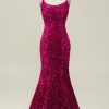 Homrain Hot Pink Sequin Spaghetti Straps Mermaid Prom Dress With Lace-Up Back | Hot Pink Prom Dresses