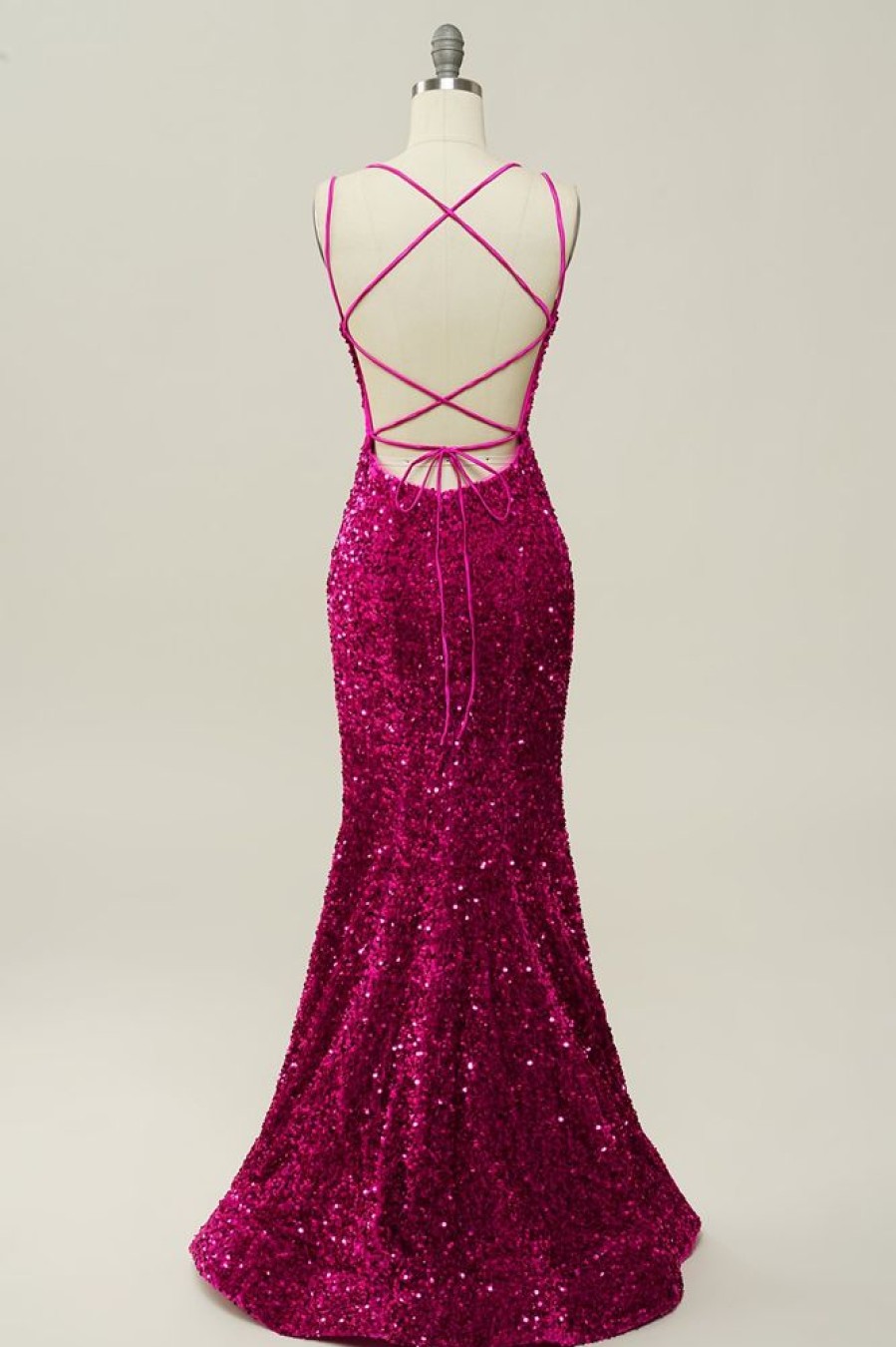 Homrain Hot Pink Sequin Spaghetti Straps Mermaid Prom Dress With Lace-Up Back | Hot Pink Prom Dresses