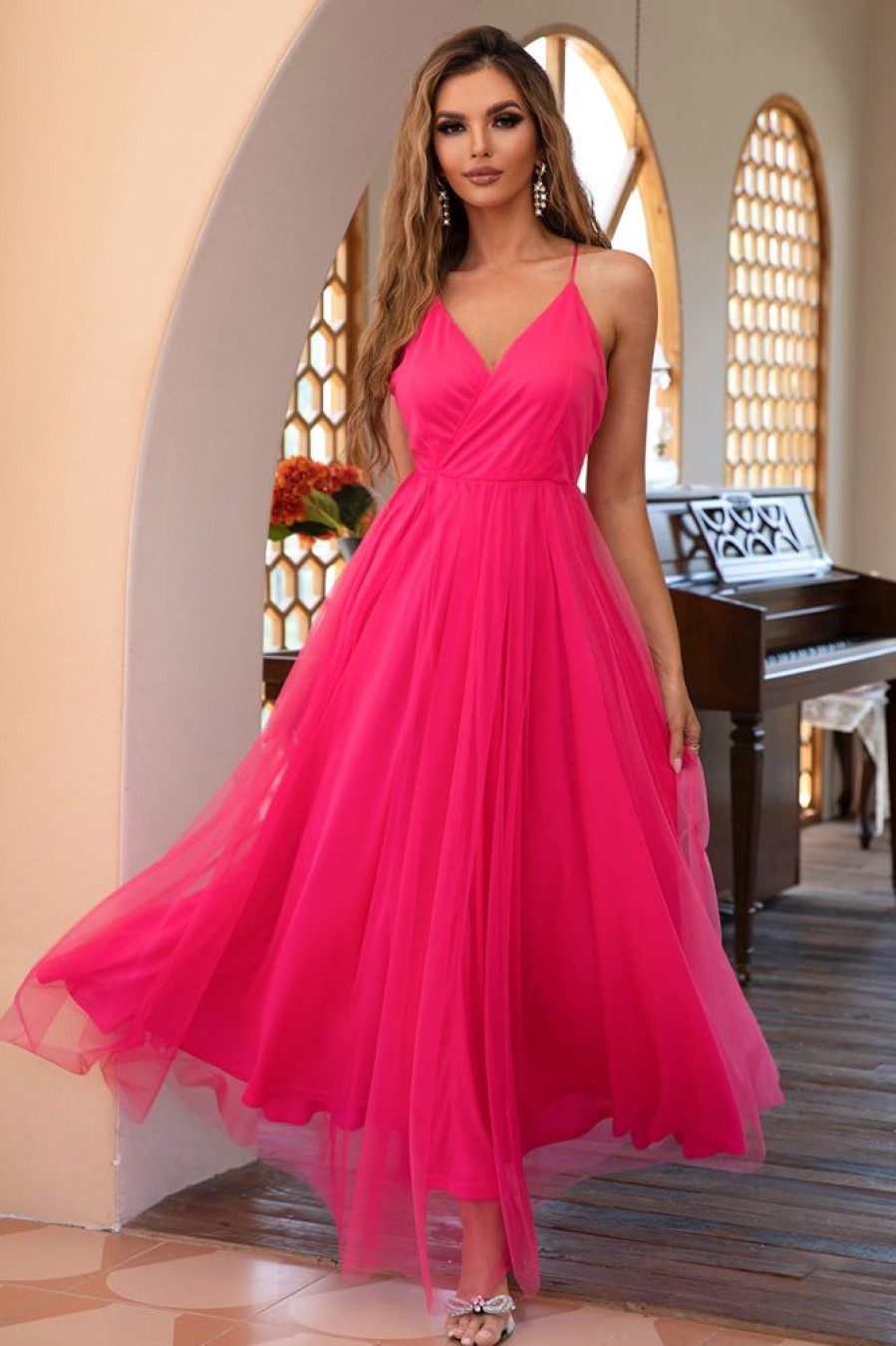 Homrain Tulle Spaghetti Straps Simple Prom Dress | Hot Pink Prom Dresses