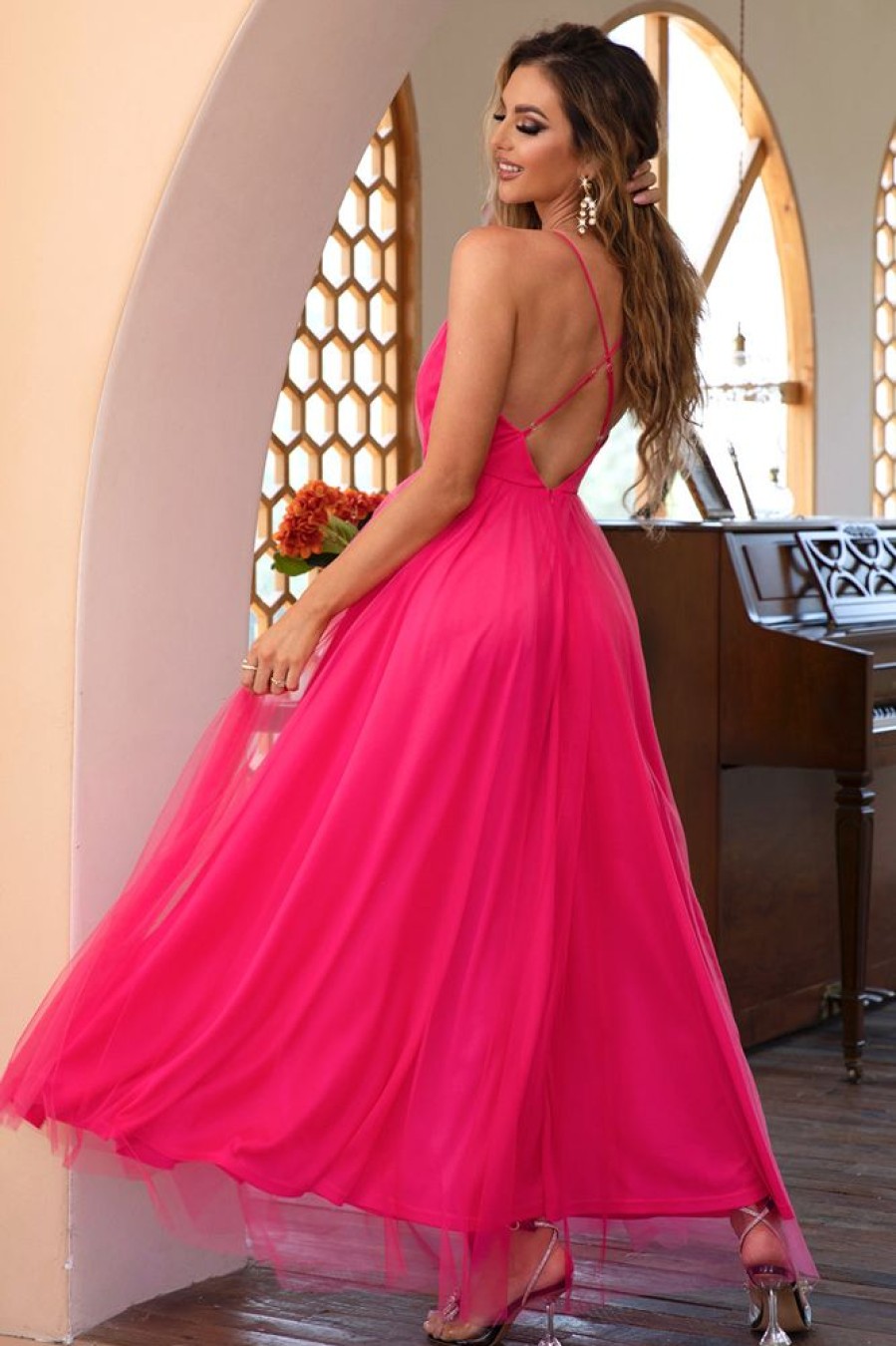 Homrain Tulle Spaghetti Straps Simple Prom Dress | Hot Pink Prom Dresses