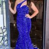 Homrain One Shoulder Sparkly Mermaid Sequins Long Prom Dress | Blue Prom Dresses