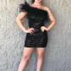 Homrain One Shoulder Sequins Short Homecoming Dress With Feathers | Black Prom Dresses