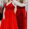 Homrain Plus Size Tulle Long Prom Dress With Appliques | Red Prom Dresses