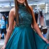 Homrain Turquoise Halter Open Back Short Homecoming Dress With Sequins | Blue Hoco Dresses