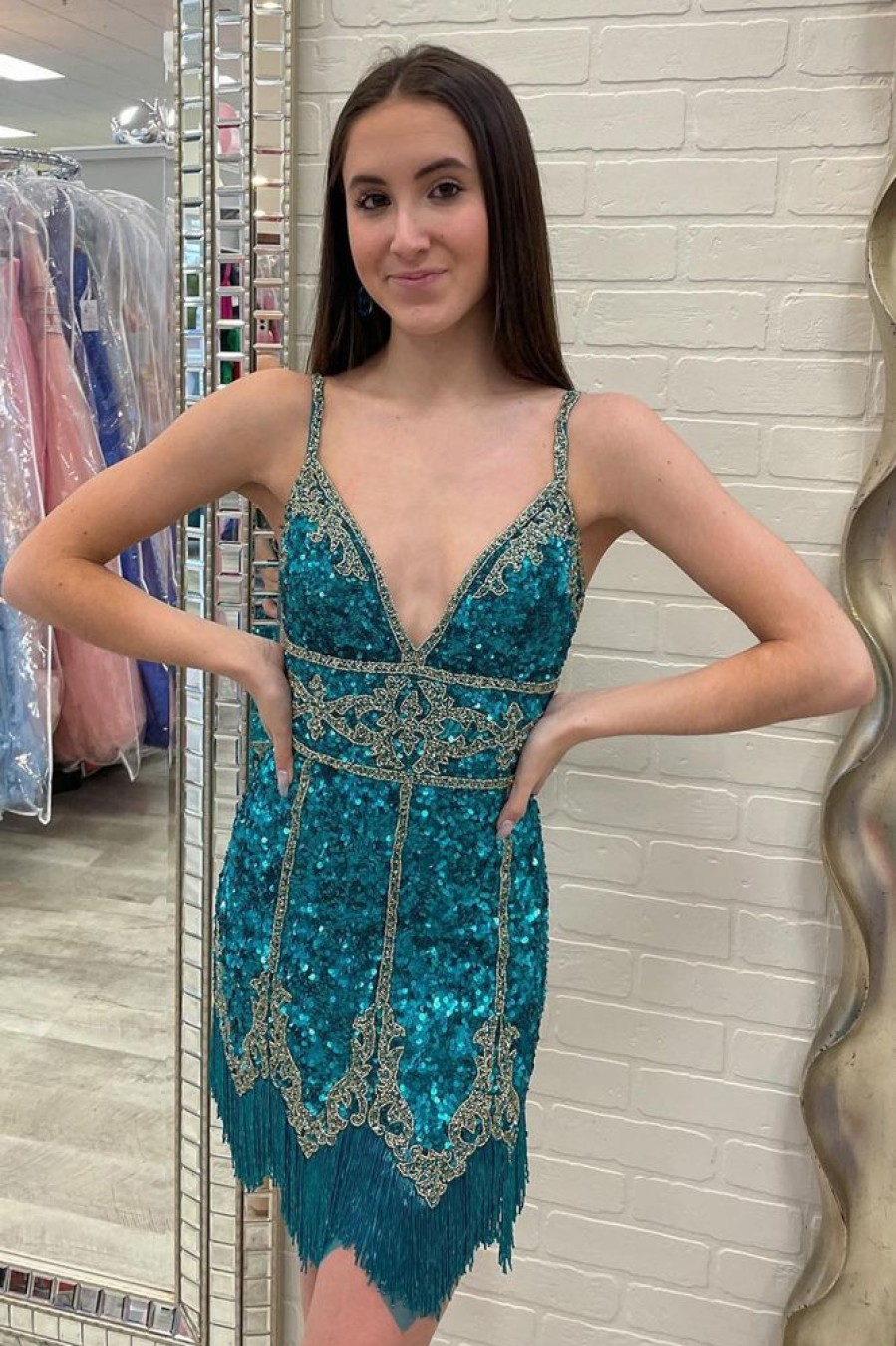 Homrain Turquoise Sequined Homecoming Dress With Fringes | Blue Hoco Dresses