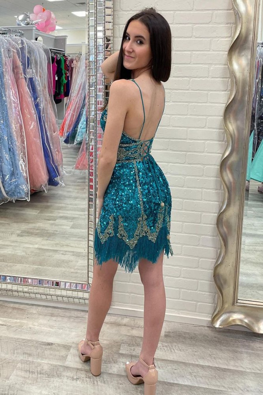 Homrain Turquoise Sequined Homecoming Dress With Fringes | Blue Hoco Dresses